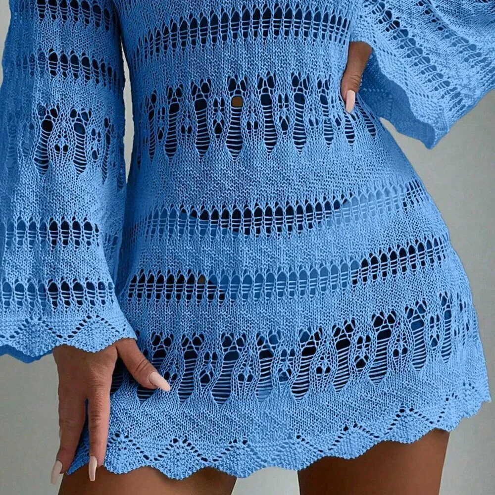 Blue Boho Womens Beach Hollow Out Scallop Trim Cover Up Dress Without Bikini Set